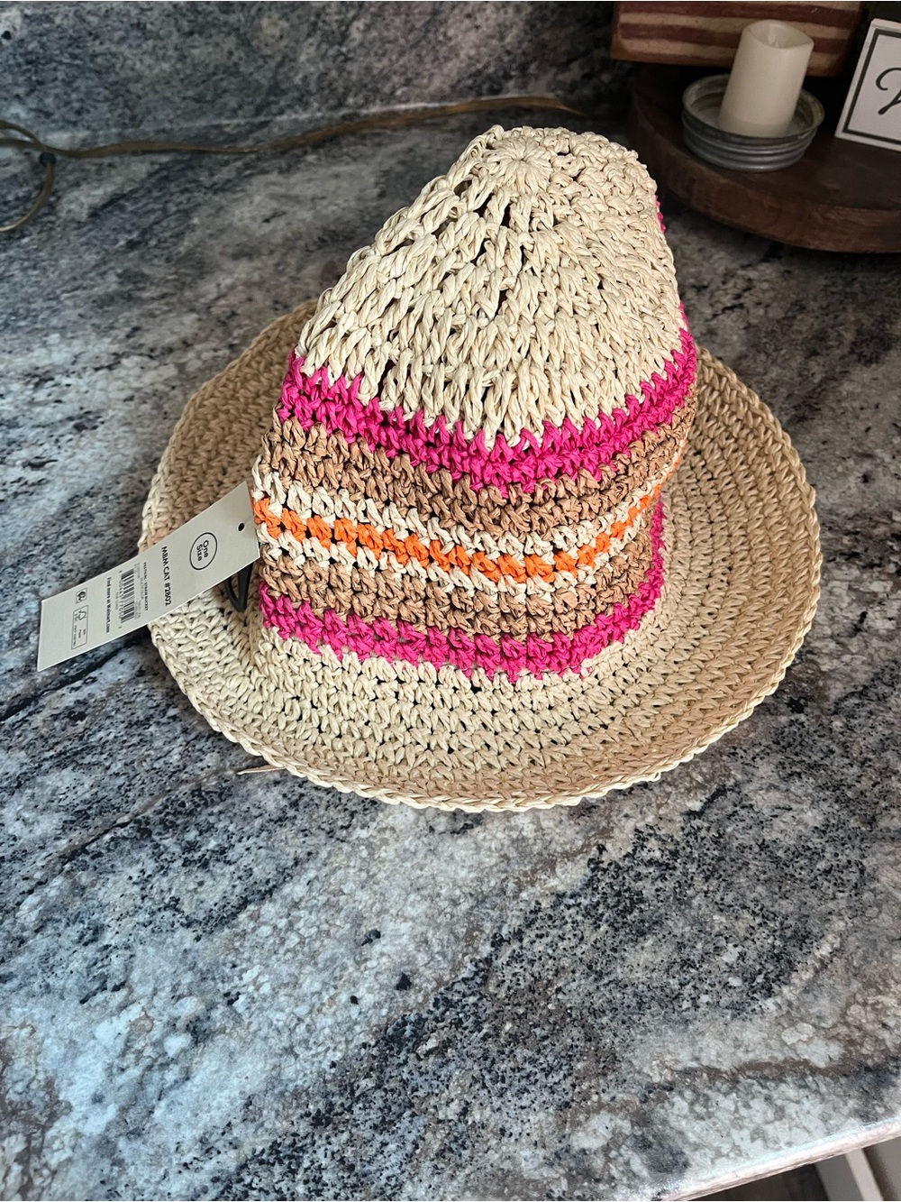 Foldable Women’s Straw Sun Hat with Pink and Orange Stripes